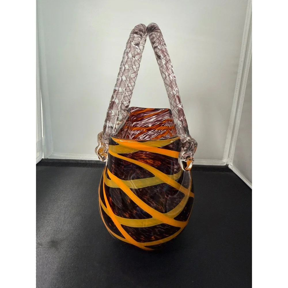 Fifth Avenue Crystal Glass‎ vase Purse Orange Black Swirl Twisted Handles